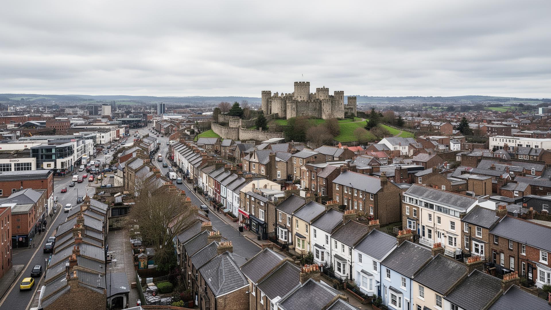 Aerial view of Cardiff city centre with residential streets and Cardiff Castle