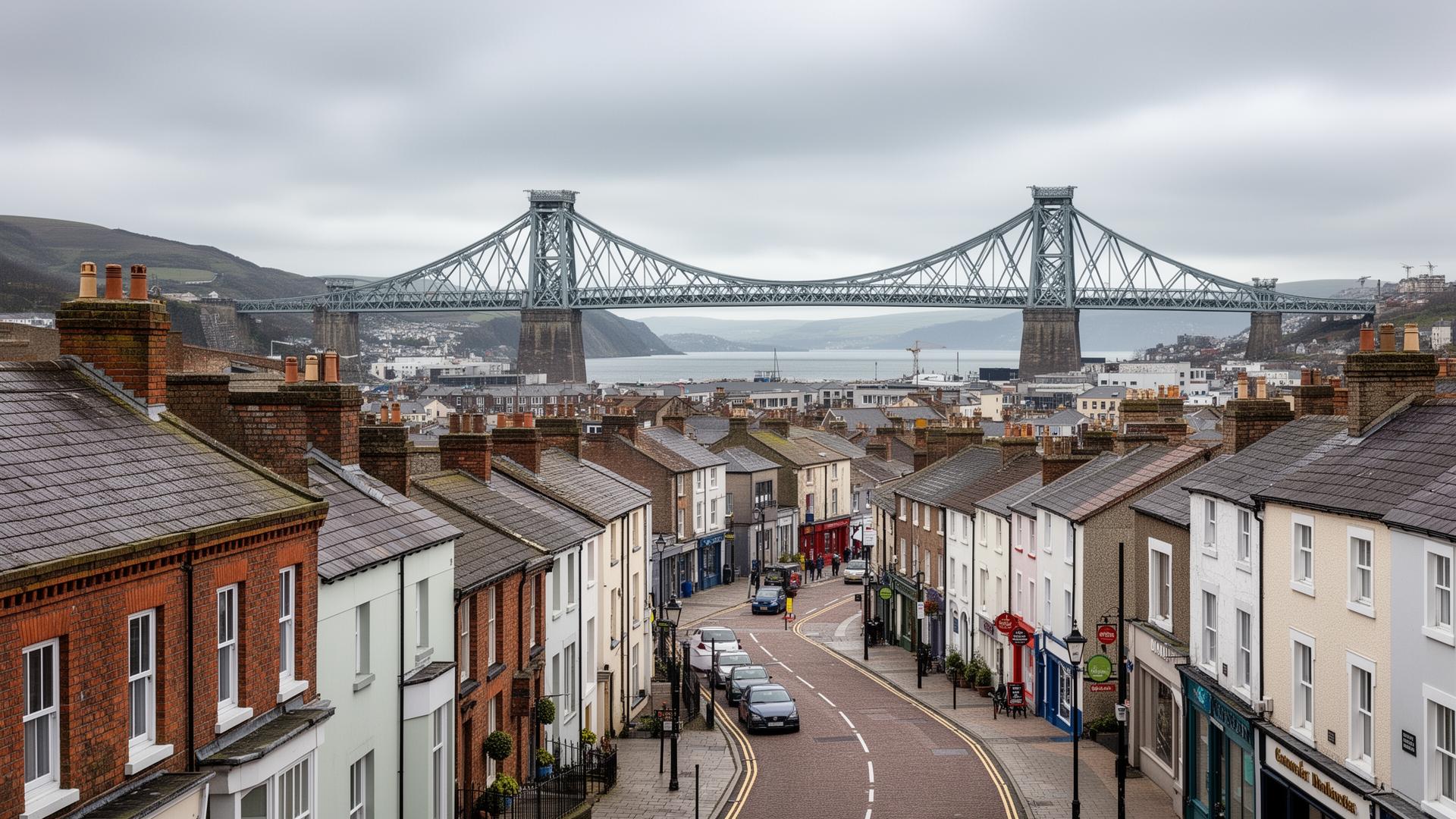 Newport city centre residential streets with Transporter Bridge in the background